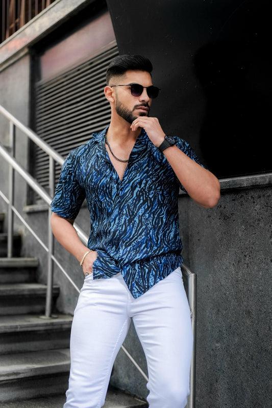 ROYAL TAIL Men's Printed Rayon Cuban Collar Casual Shirt Blue