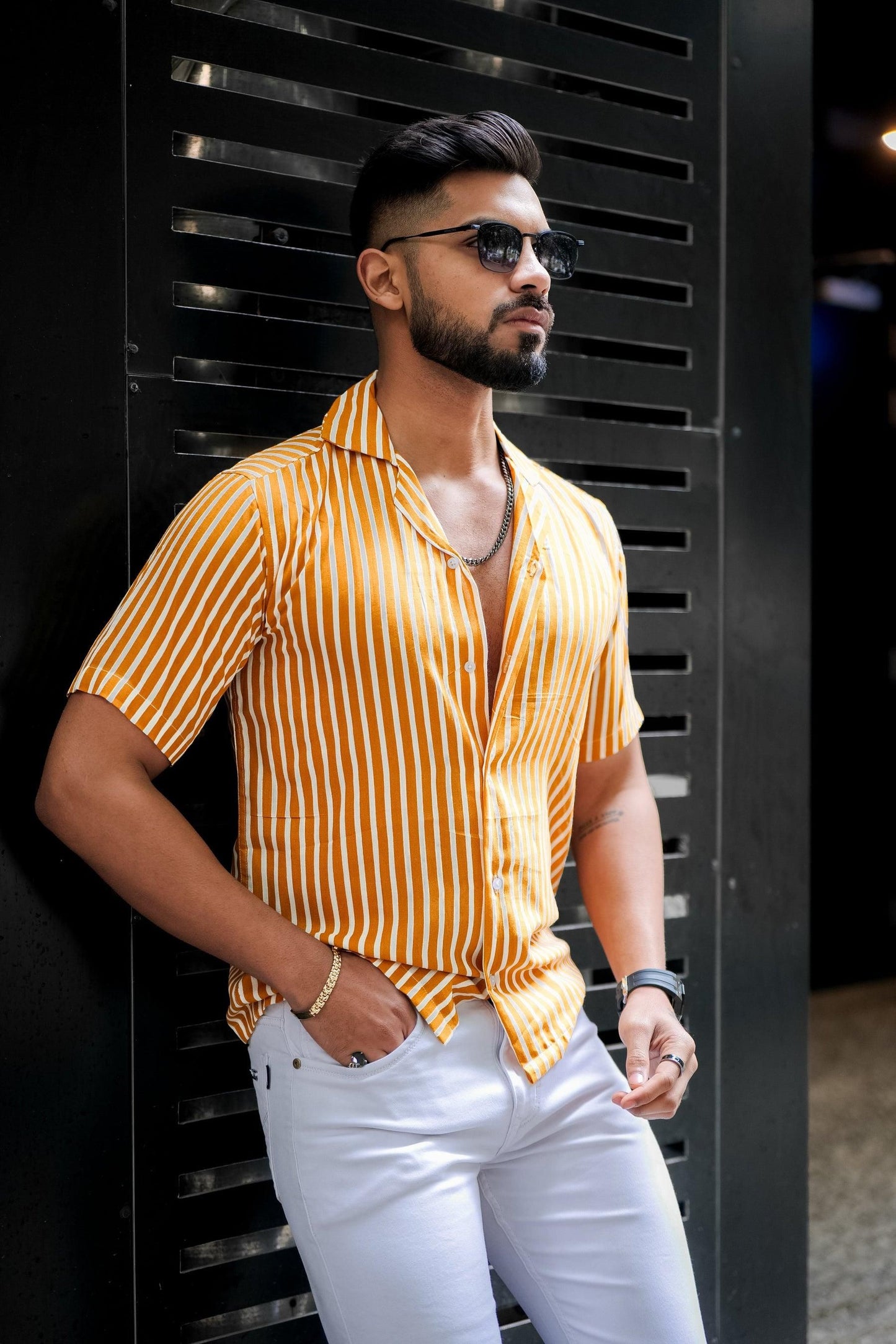 ROYAL TAIL Men's Stripe Print Rayon Cuban Collar Casual Shirt Mustard