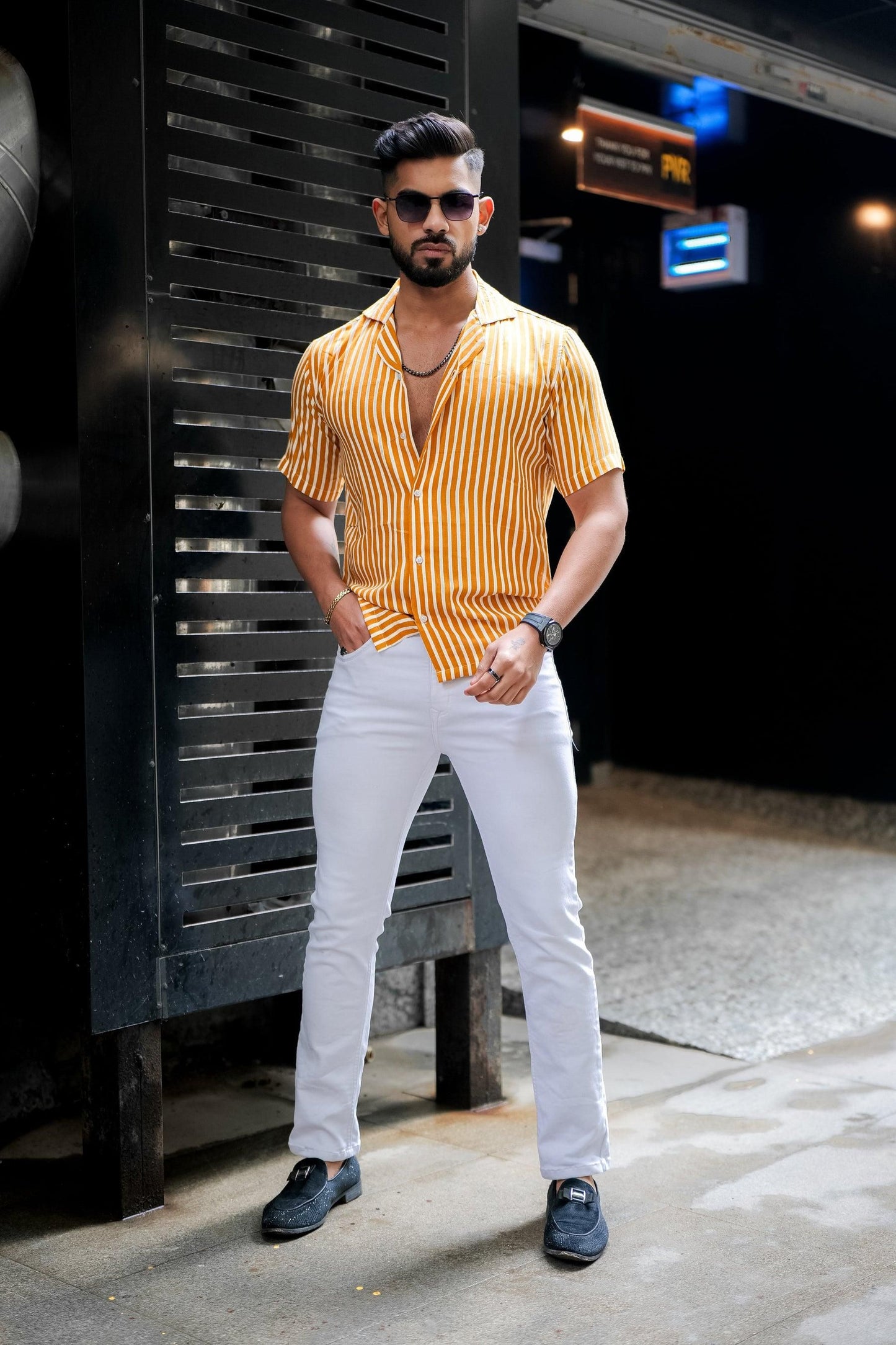 ROYAL TAIL Men's Stripe Print Rayon Cuban Collar Casual Shirt Mustard