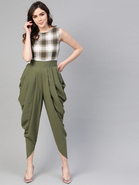 Pannkh Olive Checkered Cowl Jumpsuit