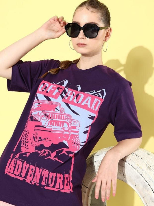 Difference of Opinion Cotton Purple Graphic Oversized T-Shirt for Women's